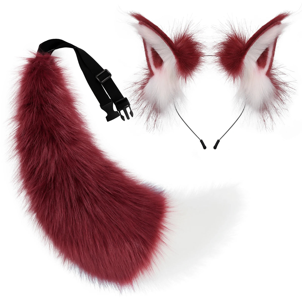 2 PCS Faux Fur Animal Ears Headband Furry Fox Wolf Tail Costume Set for Party Cosplay