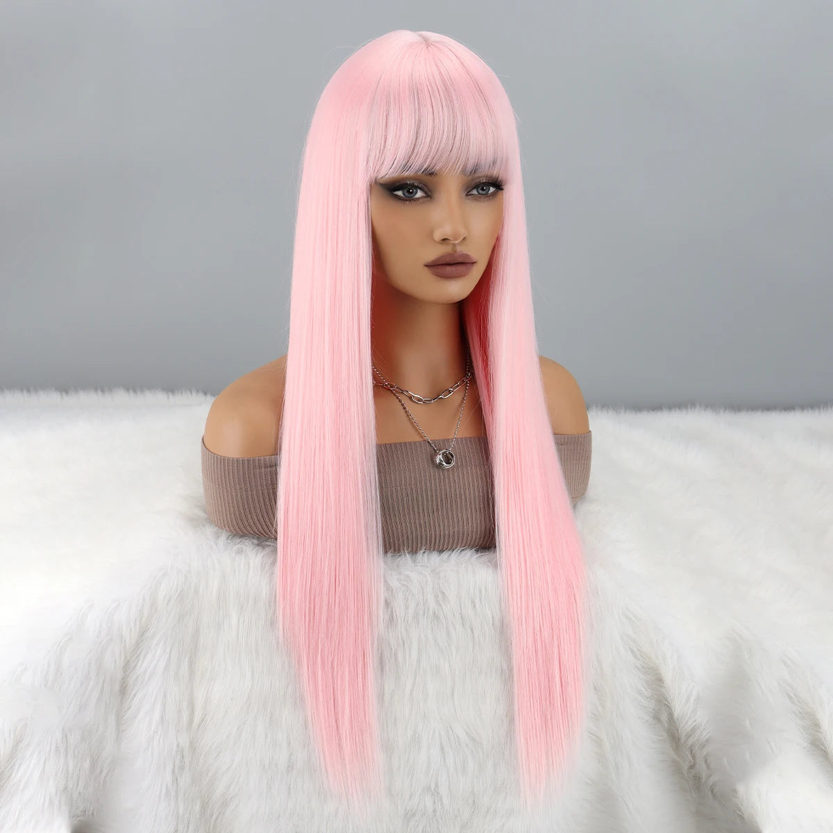 Pink Wigs with Bangs for Women Long Straight Pink Wig Colorful Synthetic Wig Natural Looking Hair Wigs for Daily Party Cosplay