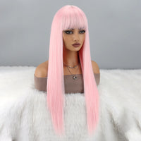 Pink Wigs with Bangs for Women Long Straight Pink Wig Colorful Synthetic Wig Natural Looking Hair Wigs for Daily Party Cosplay