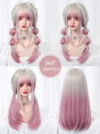 Ombre Light Pink Blonde Long Straight Wig Synthetic Colorful Lolita Cosplay Hair Wigs with Bangs for Women Heat Resistant
