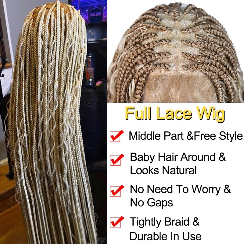 Synthetic Full Lace Bohemian Braid Wig 32 Inch Box Braids Goddess Wig With Curly Hair Ombre Blonde Gradation Cornrow Braided Wig