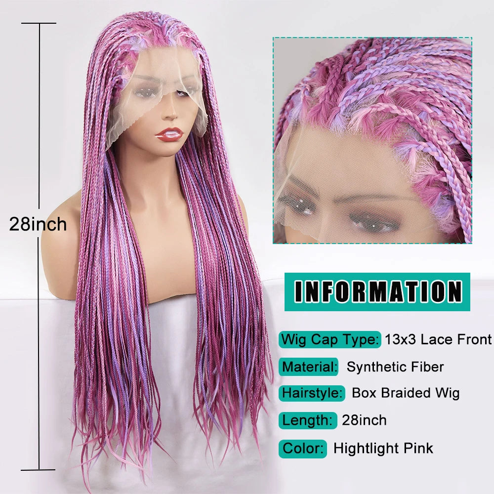 28Inch Pink Highlight Box Braided Wigs for Women Knotless Goddess Box Braid Lace Front Wig Colored Crochet Braid Synthetic Wig