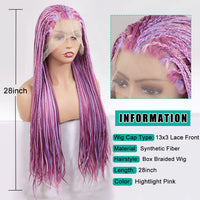 28Inch Pink Highlight Box Braided Wigs for Women Knotless Goddess Box Braid Lace Front Wig Colored Crochet Braid Synthetic Wig
