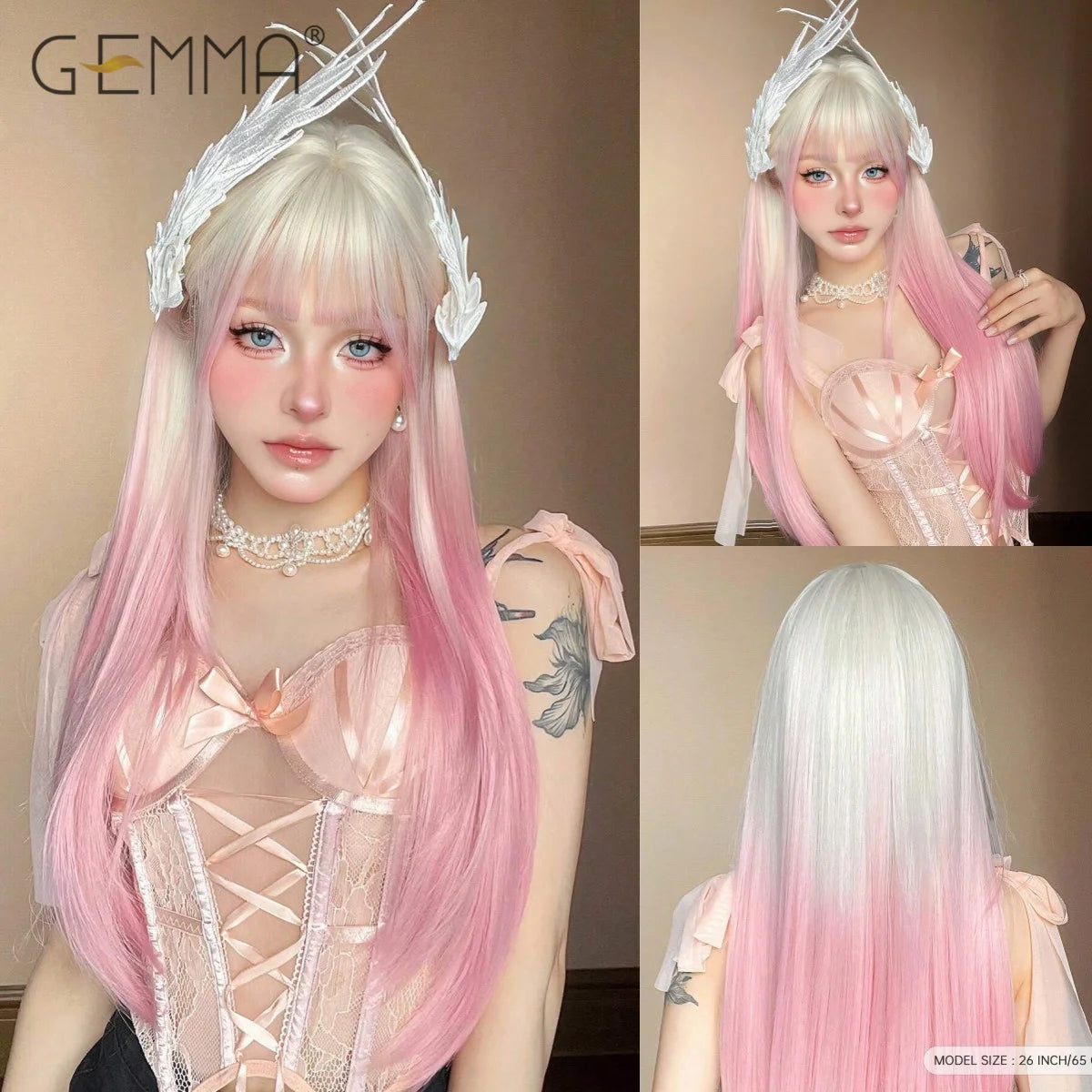 Ombre Light Pink Blonde Long Straight Wig Synthetic Colorful Lolita Cosplay Hair Wigs with Bangs for Women Heat Resistant