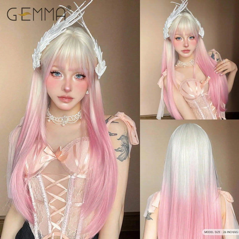 Ombre Light Pink Blonde Long Straight Wig Synthetic Colorful Lolita Cosplay Hair Wigs with Bangs for Women Heat Resistant