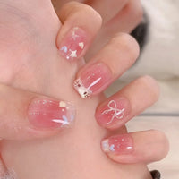 24Pcs Pink Cat Eye Press On Nails – Short Ballet French Style with Bow & Star Designs