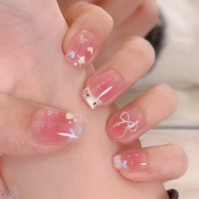 24Pcs Pink Cat Eye Press On Nails – Short Ballet French Style with Bow & Star Designs