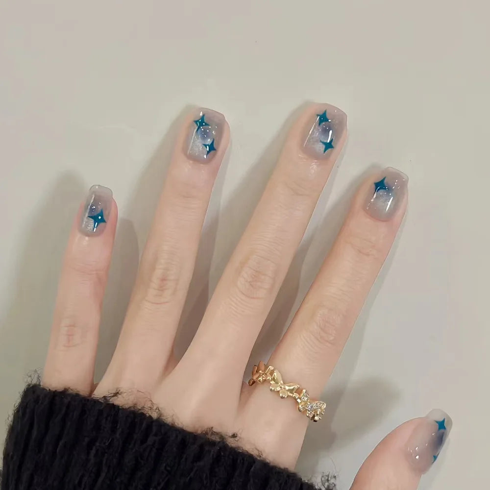 24Pcs Pink Cat Eye Press On Nails – Short Ballet French Style with Bow & Star Designs