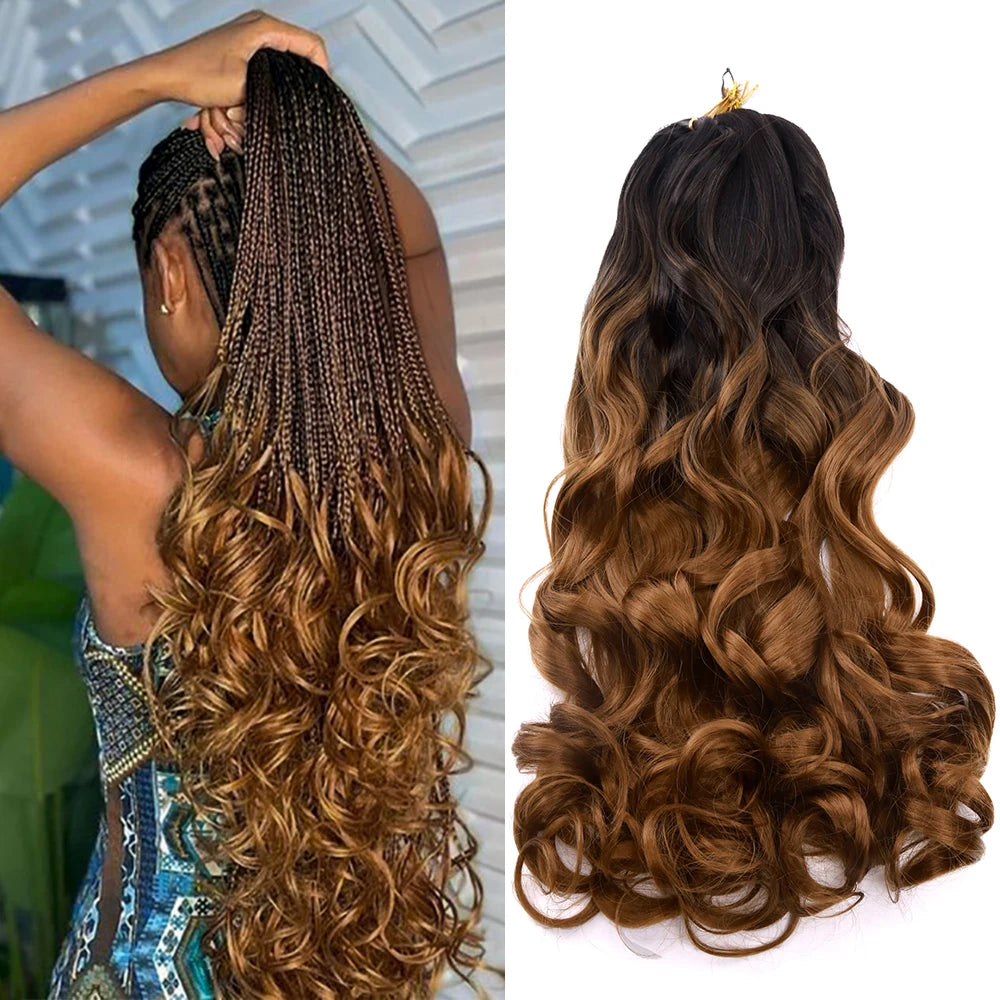 Ombre French curl braiding hair with long boho box braids ponytail and loose curly ends, crochet hair extensions