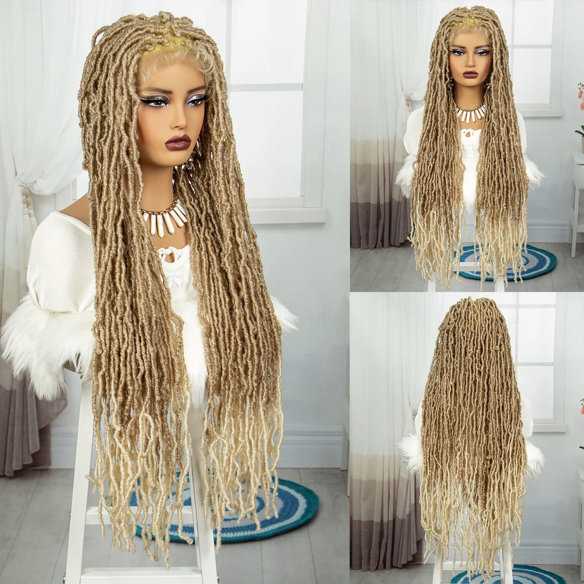 36 Inch Synthetic Braided Hair Wig Full Lace Ombre Colored Hair Wig for Black Women Box Braids Twisted Hairstyle Wigs