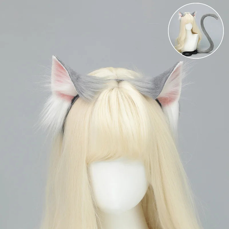 Handmade Plush Cat Ear Headband & Tail Set – Realistic Animal Cosplay Kit for Anime, Halloween & Furry Events