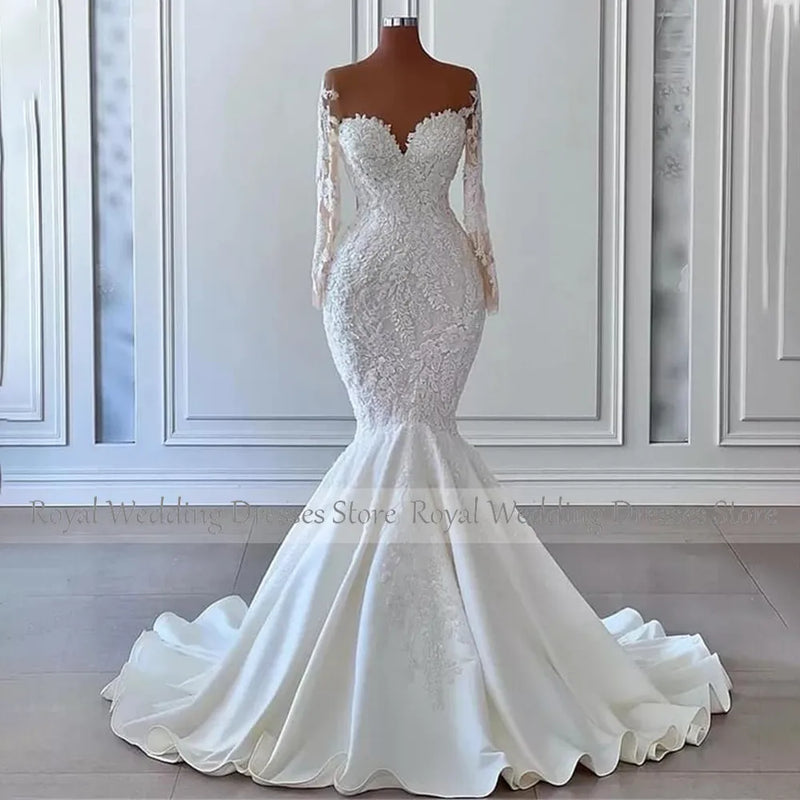 Ivory Wedding Dress Luxury Applique Sheer Tulle Neck Mermaid Wedding Gowns for Bride Long Sleeves Satin Elegant Bridal Dresses