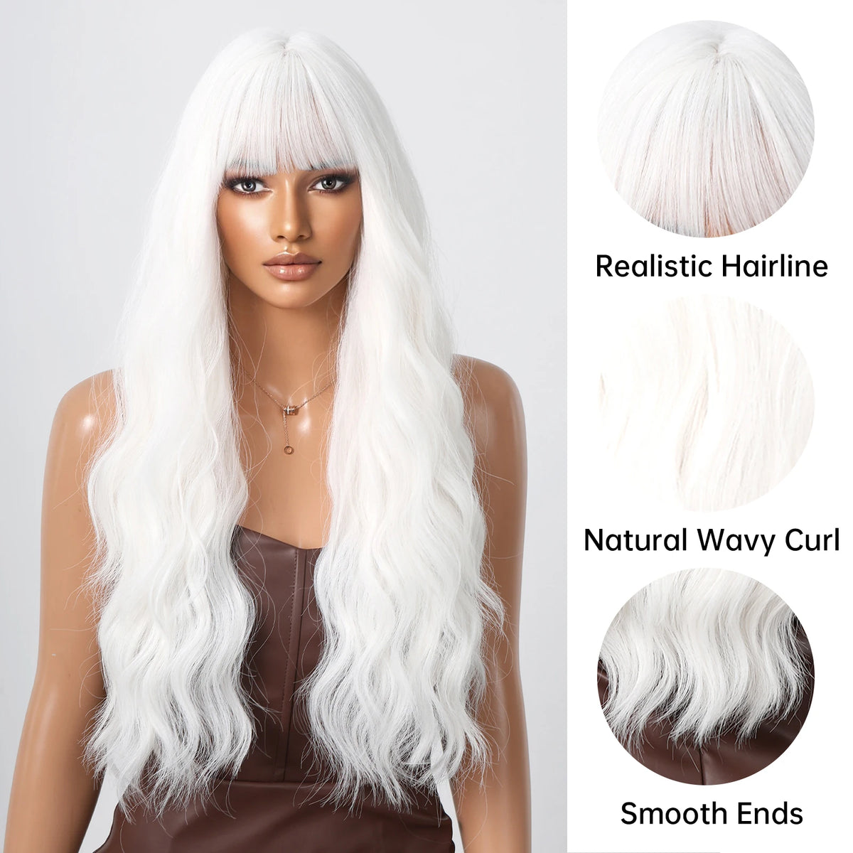 White Curly Wig Long Wavy Synthetic Hair Wig with Bangs White Cosplay Wigs for Women Holiday Party Fake Hair High Temperature