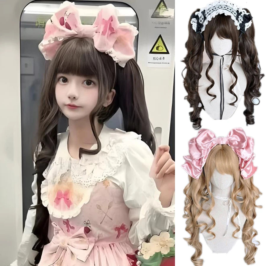Long Wave Cosplay Wig with Double Ponytail For Women Daily Party Lolita Synthetic Wigs Gold/Chocolate Heat Resistant Hair