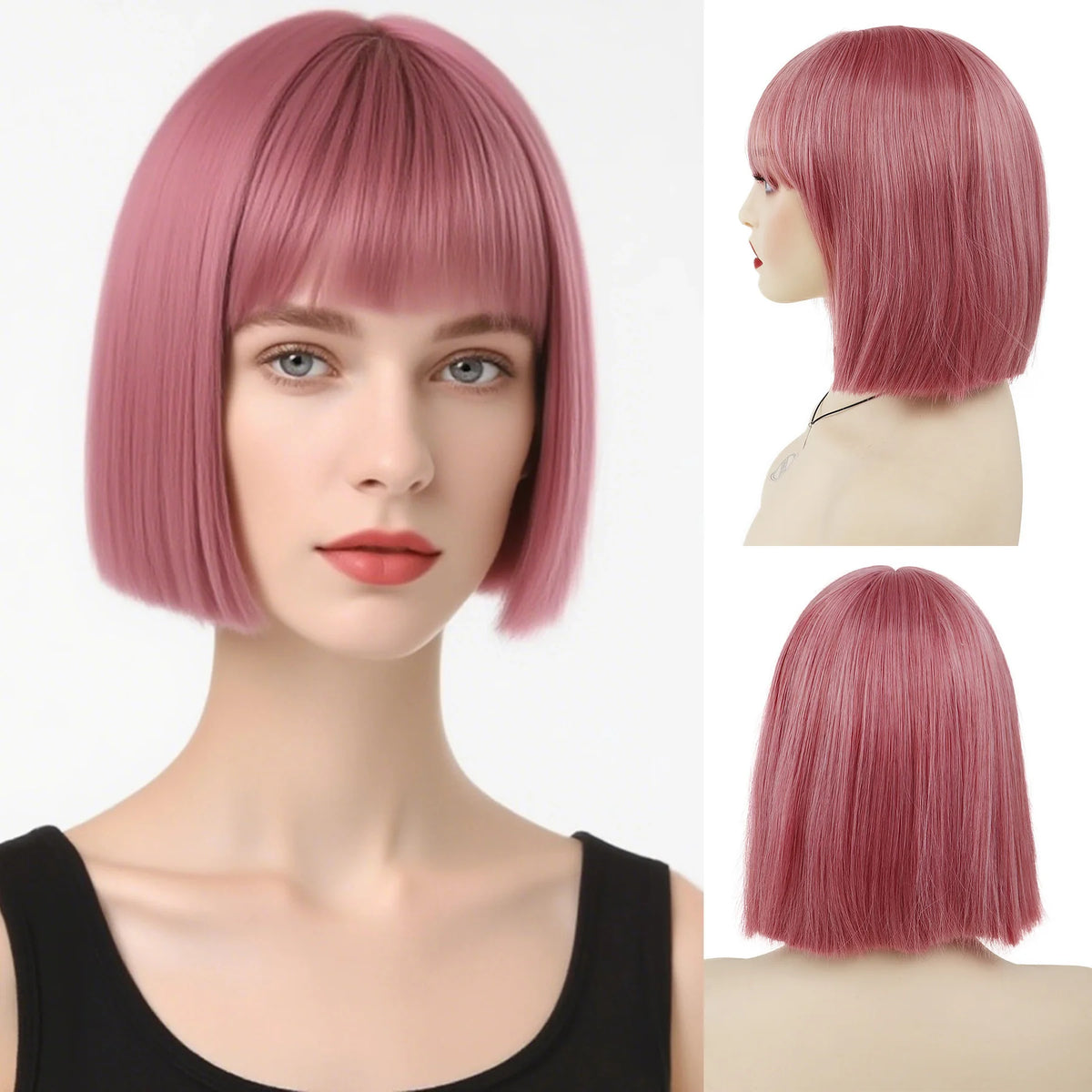 Short Bob Wigs Synthetic Silky Straight Hair Wig with Bangs for White Women Cosplay Natural Nice Looking Pink Lolita Wigs Girls