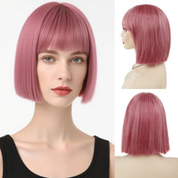 Short Bob Wigs Synthetic Silky Straight Hair Wig with Bangs for White Women Cosplay Natural Nice Looking Pink Lolita Wigs Girls