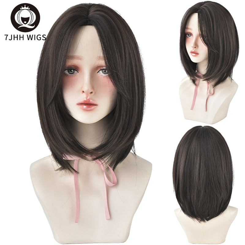 7JHH WIGS Black Short Bob Wig for Girl Daily Wear Synthetic Wig New Style Natural Supple Summer  Heatresistant Wig With Bangs