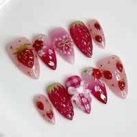 24PCS Wine Red Almond Press-On Nails – Cute Rabbit Bow Plaid Pearl French Fake Nails