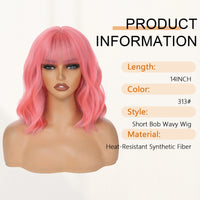 14inch Short Wavy Bob Synthetic Wig with Air Bangs Heat Resistance Shoulder Length Curled Wigs for Daily Use Cosplay for Women