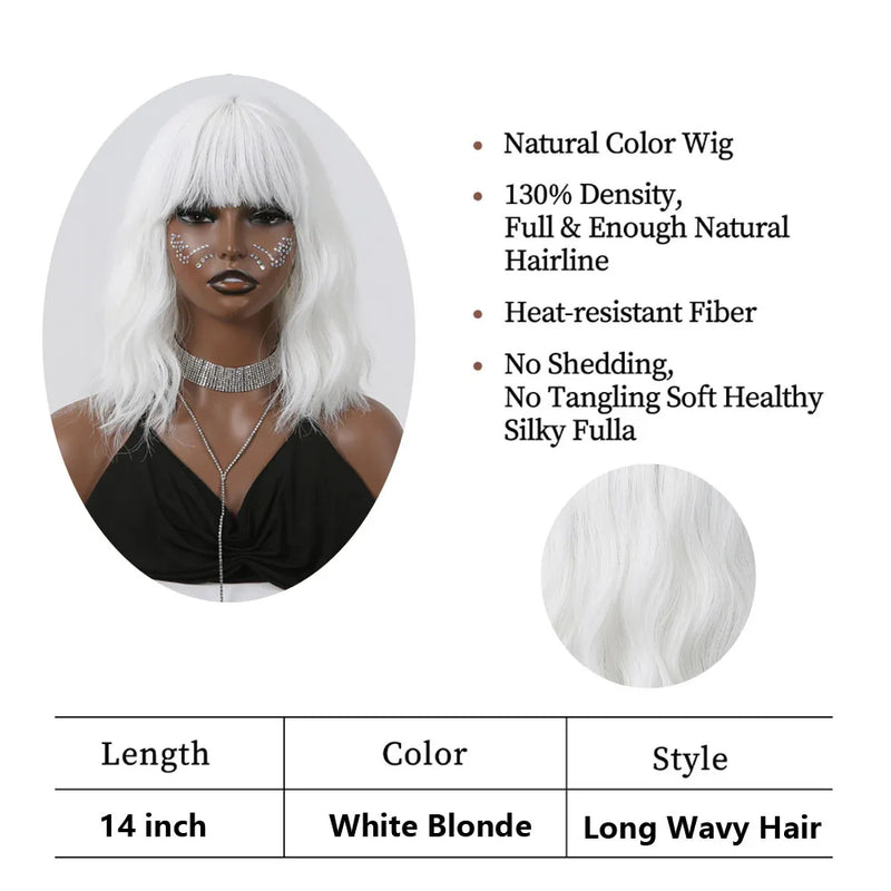 Short Curly Wavy White Synthetic Wig White Lolita Hair Wig with Bangs for Women Natural Cosplay Party Halloween Heat Resistant
