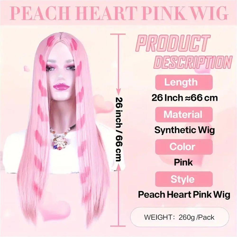26 Inch Long Straight Pink Synthetic Wig – Heat Resistant Middle Part Wig with Wig Cap