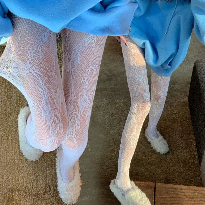 Japanese Lolita Retro Floral Rattan White Hosiery Hot Tights Classic Lolita Hollowed Out Lace Mesh Stockings Bottomed Pantyhose