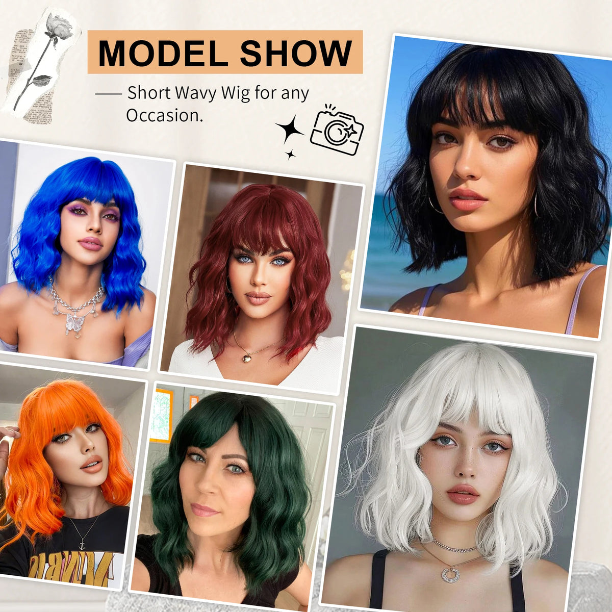 14inch Short Wavy Bob Synthetic Wig with Air Bangs Heat Resistance Shoulder Length Curled Wigs for Daily Use Cosplay for Women