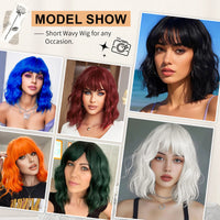 14inch Short Wavy Bob Synthetic Wig with Air Bangs Heat Resistance Shoulder Length Curled Wigs for Daily Use Cosplay for Women