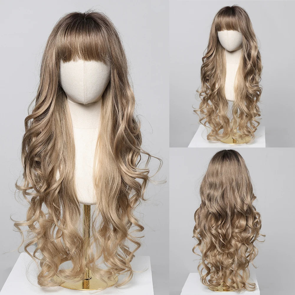Brown Wavy Wigs for Women with Bangs Long Natural Synthetic Hair Wig Daily Cosplay Heat Resistant