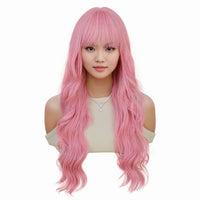 28 Inch Long Pink Wavy Synthetic Wig – Curly Cosplay Wig for Women