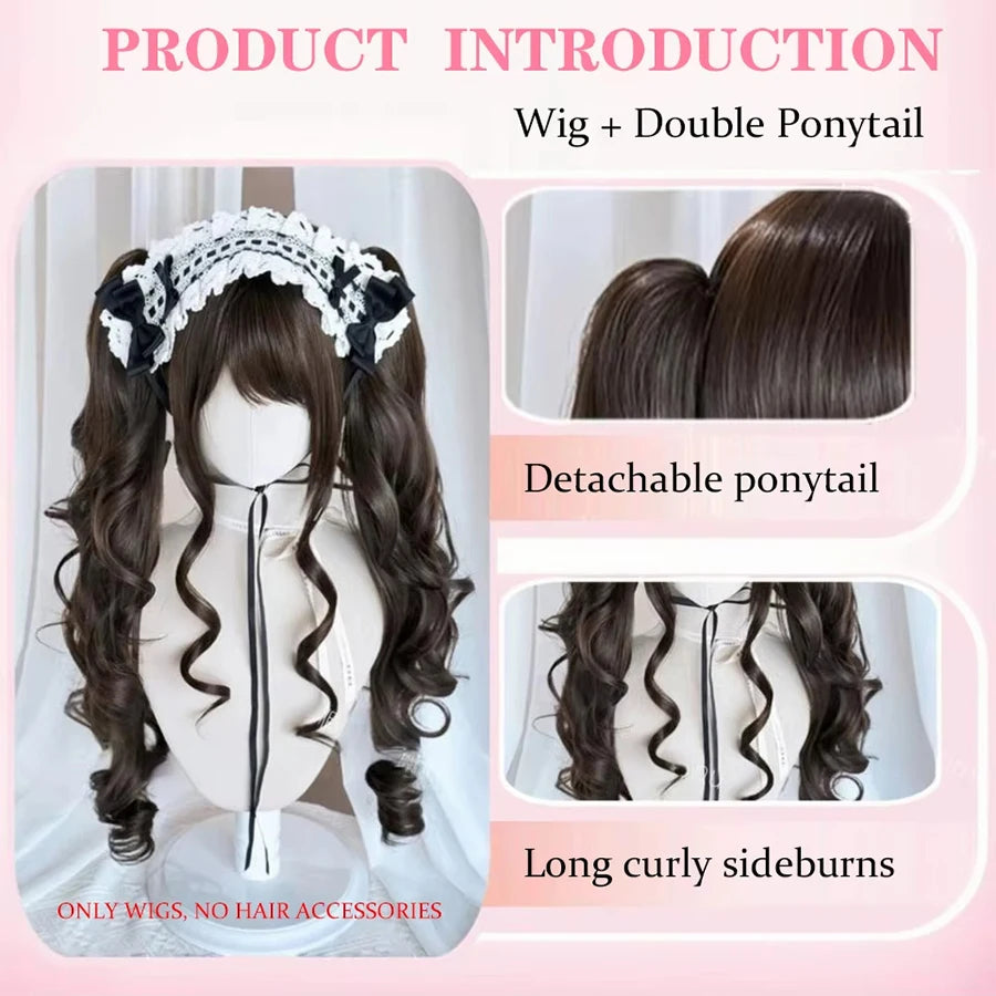 Long Wave Cosplay Wig with Double Ponytail For Women Daily Party Lolita Synthetic Wigs Gold/Chocolate Heat Resistant Hair