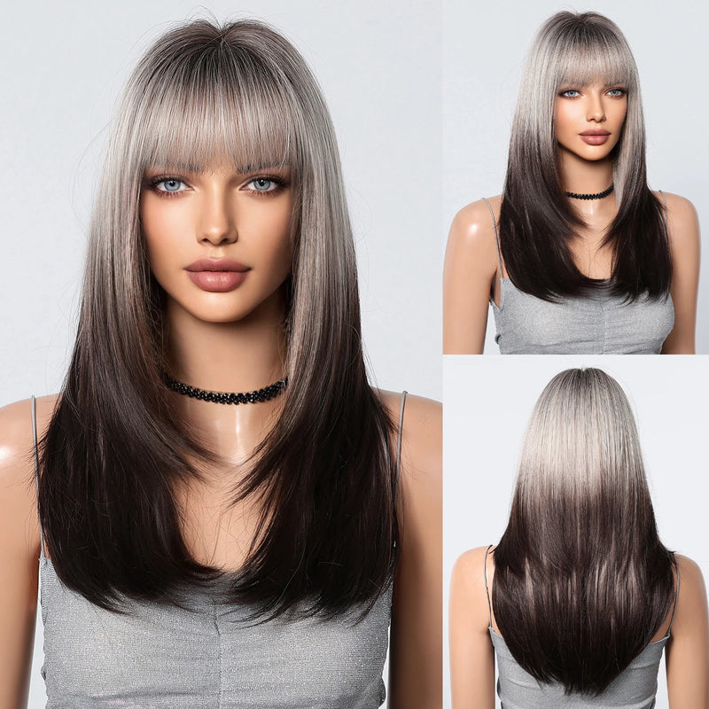 Ombre Light Pink Blonde Long Straight Wig Synthetic Colorful Lolita Cosplay Hair Wigs with Bangs for Women Heat Resistant