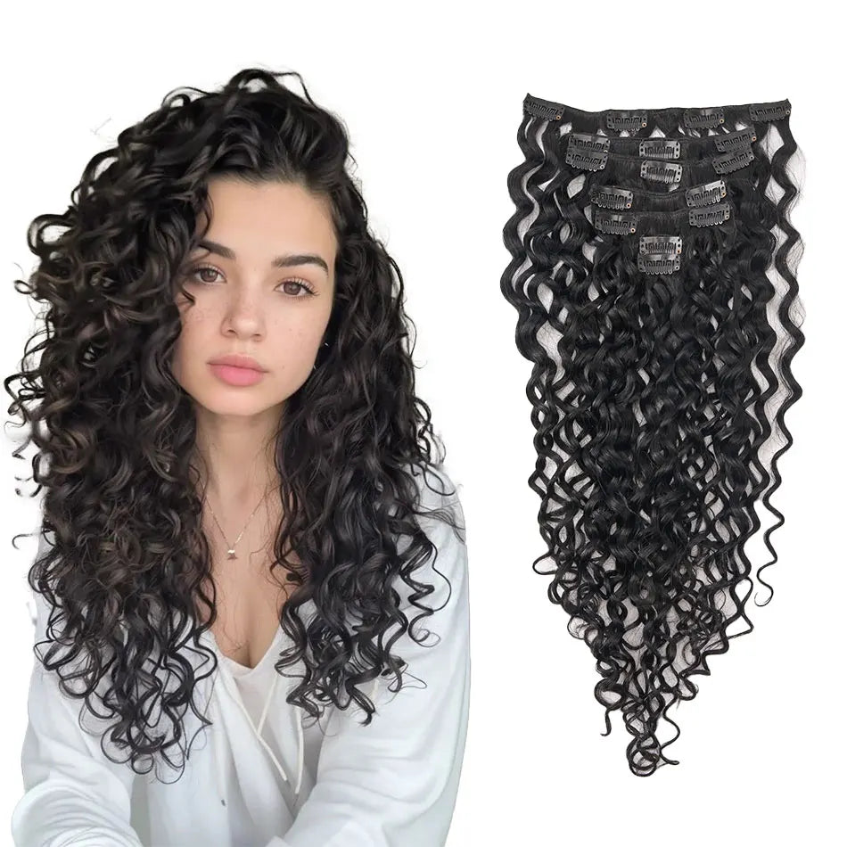 Curly Water Wave Human Hair Clip-Ins – 7 Pieces