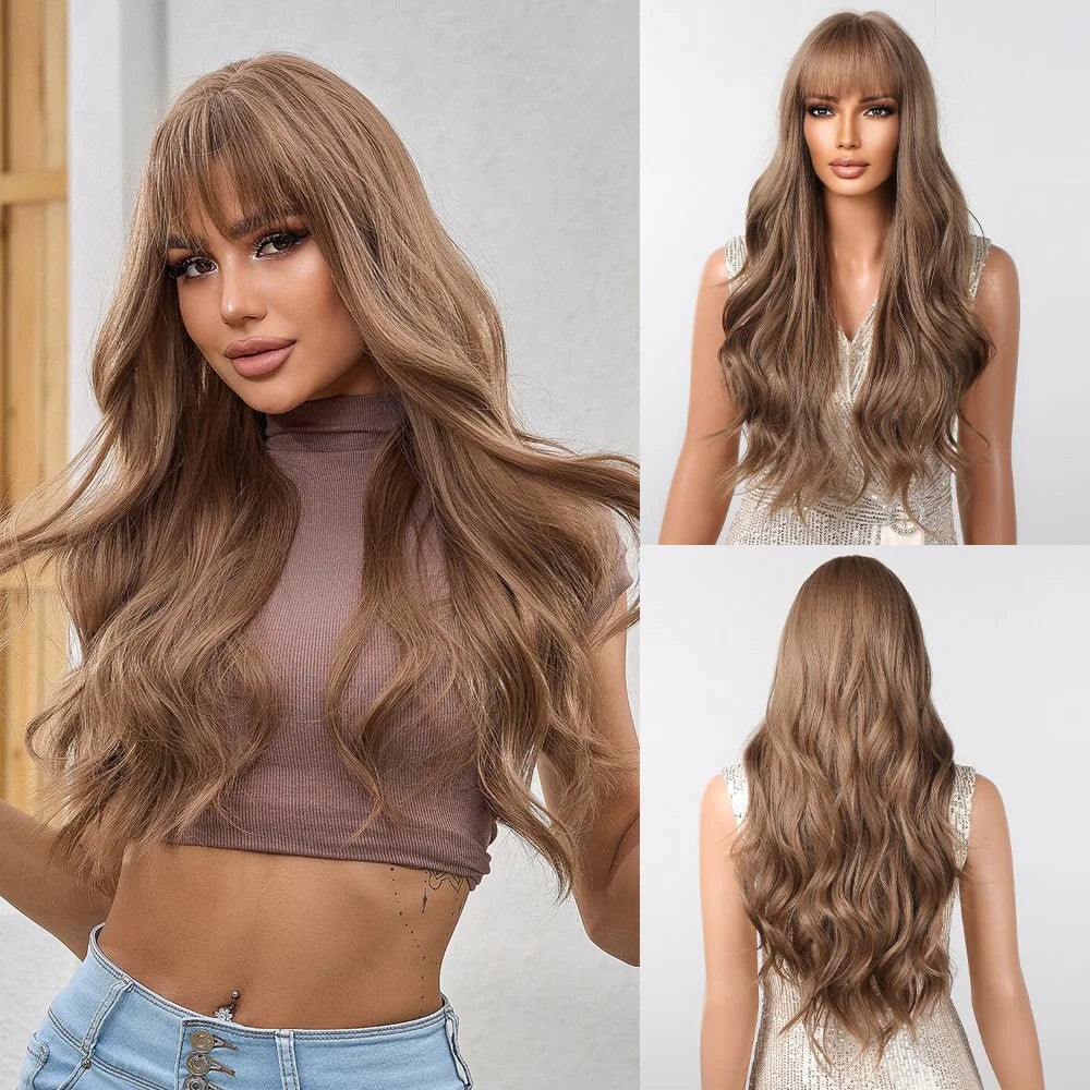 Brown Wavy Wigs for Women with Bangs Long Natural Synthetic Hair Wig Daily Cosplay Heat Resistant