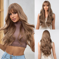 Brown Wavy Wigs for Women with Bangs Long Natural Synthetic Hair Wig Daily Cosplay Heat Resistant