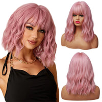 Short Pink Wavy Synthetic Bob Wig with Bangs – Shoulder-Length Curly Cosplay & Daily Wear Wig