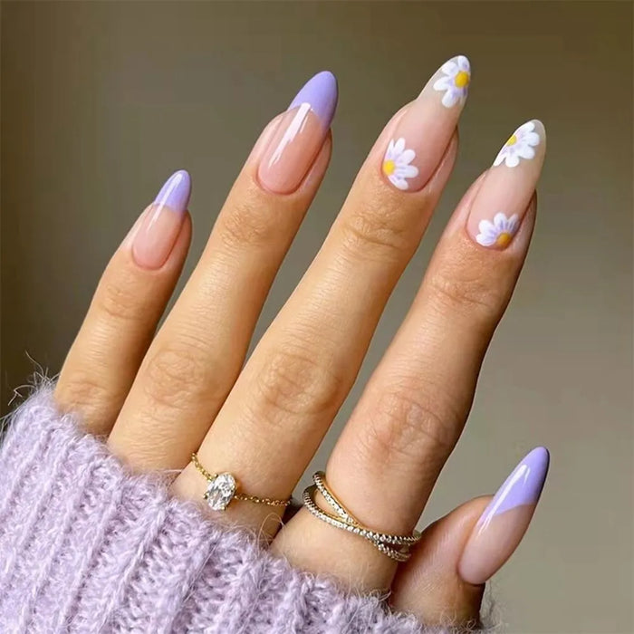 24pcs/Box Fresh Floral Almond False Nails Press On Nails Detachable Fake Nail Tip Purple with Design Manicure Patches