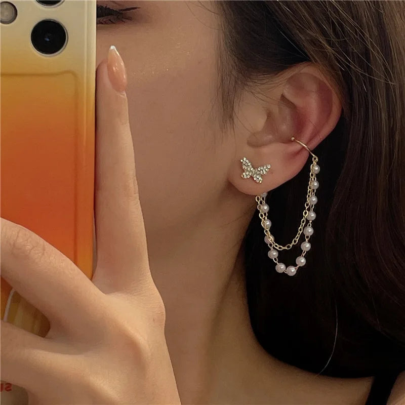 Pearl Tassel Earrings Korean New Butterfly Earrings for Women Romantic Dangle Earrings Personality Party Ear Accessories