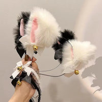 Cat Ears Headband for Women Girls Lace Bow Necklace Plush Bell Hairband Cosplay Masquerade-Party Costume Hair Accessories