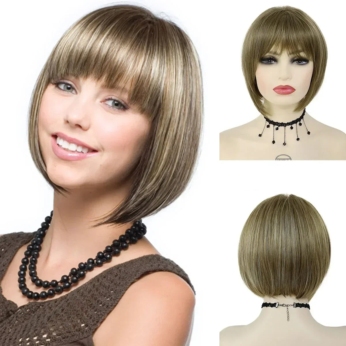 Short Bob Wigs Synthetic Silky Straight Hair Wig with Bangs for White Women Cosplay Natural Nice Looking Pink Lolita Wigs Girls