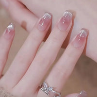 24Pcs Pink Cat Eye Press On Nails – Short Ballet French Style with Bow & Star Designs