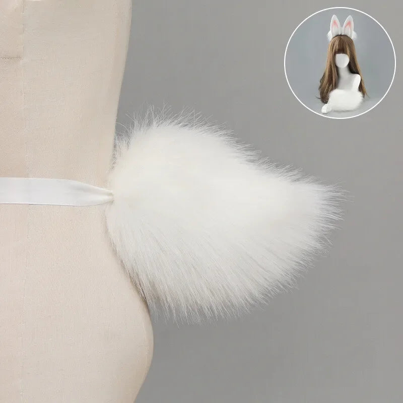 Furry Bunny Ears Headband Lolita Realistic Tail Set Cute Plush Cosplay Animal Tail Props Party Animal Tails Cosplay Costume