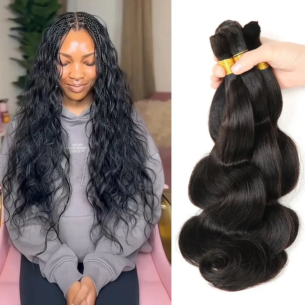 Body wave human hair installed in long boho braids with bulk hair bundles