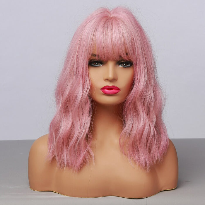 Short Pink Wavy Synthetic Bob Wig with Bangs – Shoulder-Length Curly Cosplay & Daily Wear Wig