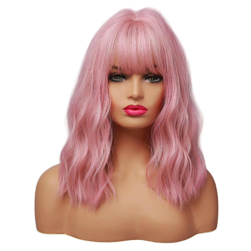Short Pink Wavy Synthetic Bob Wig with Bangs – Shoulder-Length Curly Cosplay & Daily Wear Wig
