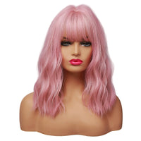 Short Pink Wavy Synthetic Bob Wig with Bangs – Shoulder-Length Curly Cosplay & Daily Wear Wig
