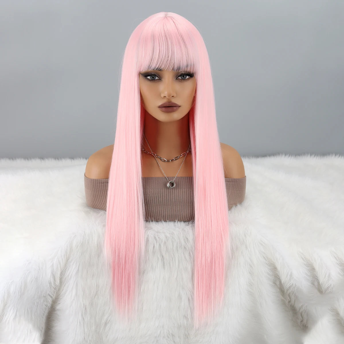 Pink Wigs with Bangs for Women Long Straight Pink Wig Colorful Synthetic Wig Natural Looking Hair Wigs for Daily Party Cosplay
