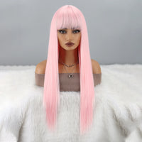 Pink Wigs with Bangs for Women Long Straight Pink Wig Colorful Synthetic Wig Natural Looking Hair Wigs for Daily Party Cosplay