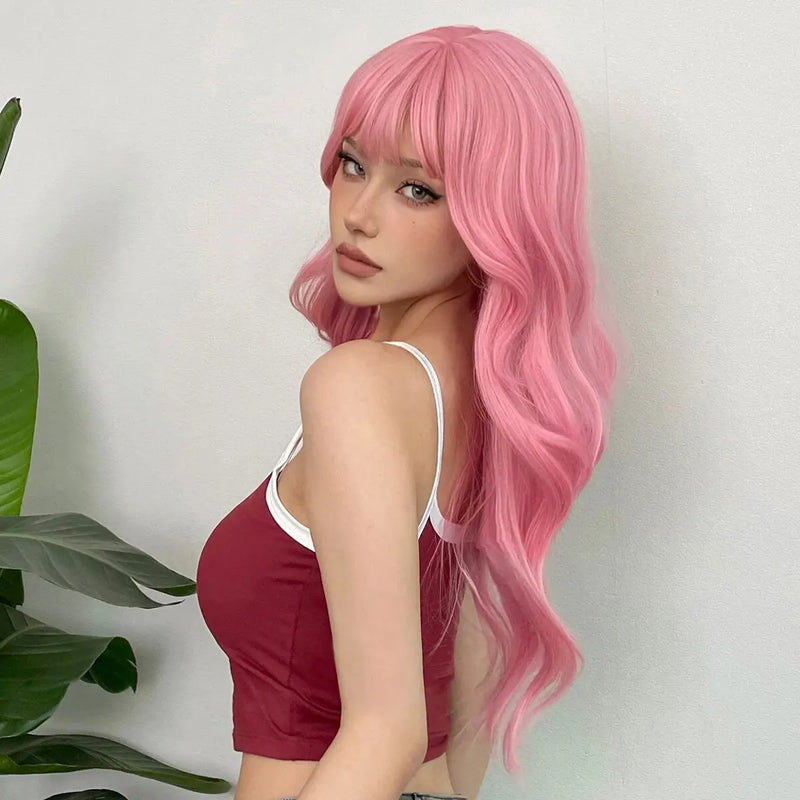 Light Pink Synthetic Hair Wigs Long Wavy Natural Hair Wigs with Bangs for Women Cosplay Lolita Wig Heat Resistant