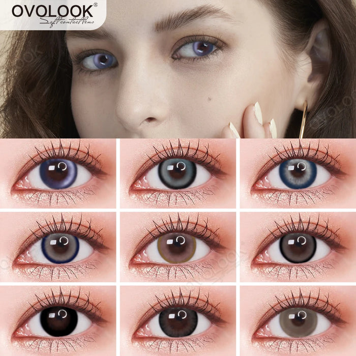 OVOLOOK-1 Pair/2pcs Super Natural Colored Contact Lenses For Eyes Beauty Comestic Eye Color Lens with Cute Cases Yearly Use Lens
